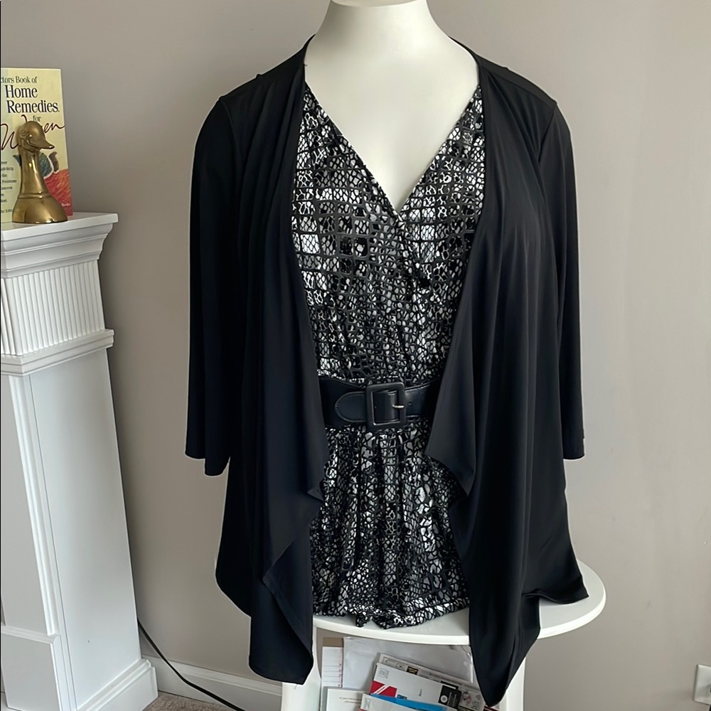 Chic Black White and gray Patterned Blouse with attached Cardigan
